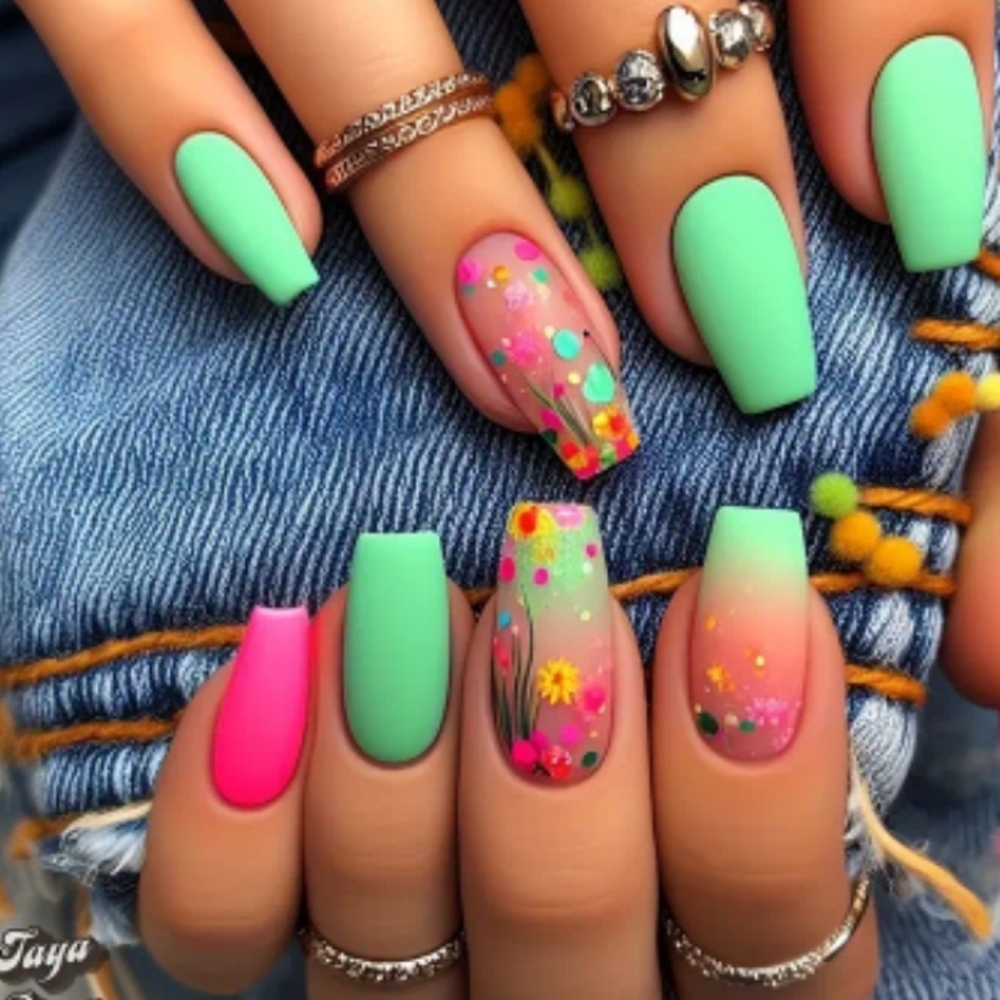 🔥3/$21 Colorful Press On Nails with Green and Pink Accents - Picture 1 of 4
